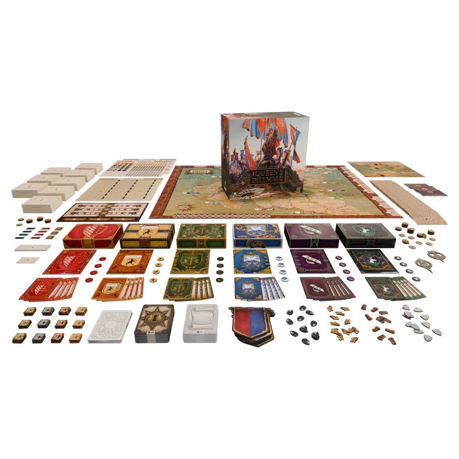 The Queen’s Dilemma board game set up with cards, tokens, and pieces around the main board.