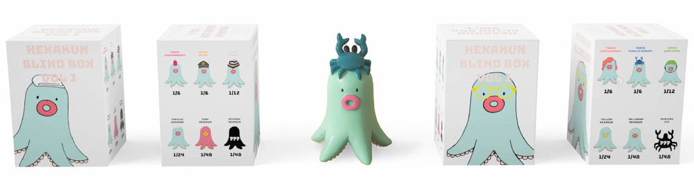 HEXAKUN BLIND BOX green octopus toy with blue antlers.