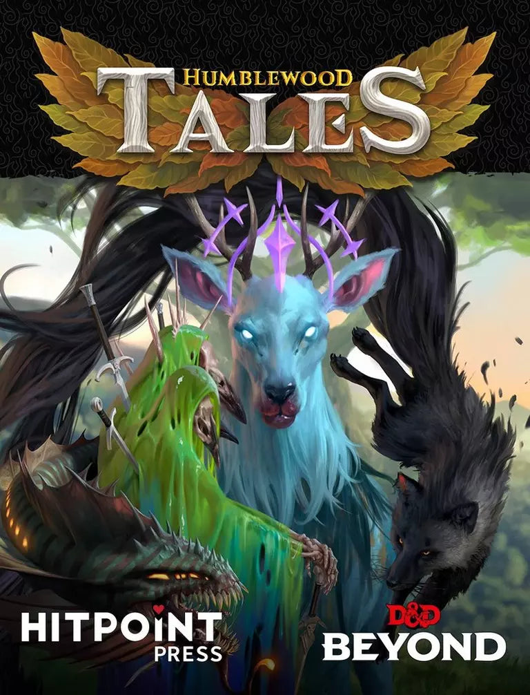 Humblewood Tales cover featuring a glowing blue stag with antlers, a green monster, and a black fox.