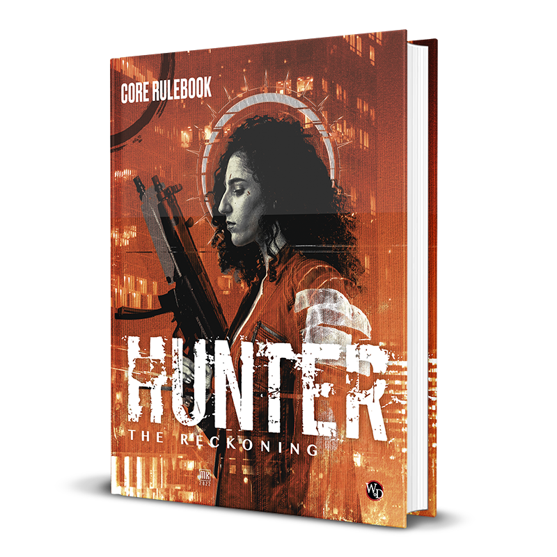 Hunter: The Reckoning 5th Edition Core Rulebook with cover art of a woman with curly hair holding a rifle.