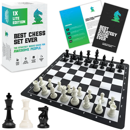 Best Chess Set Ever 1X Lite Edition with Staunton pieces, foldable board, box, and two instructional booklets.