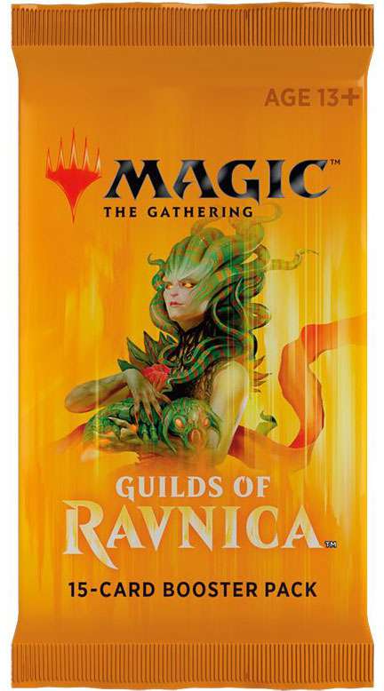 Guilds of Ravnica Booster Pack with a green armored character from the city-plane of Ravnica on the packaging.