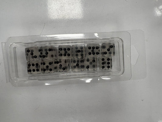Pack of twelve clear D6 dice with black pips for Magic games.