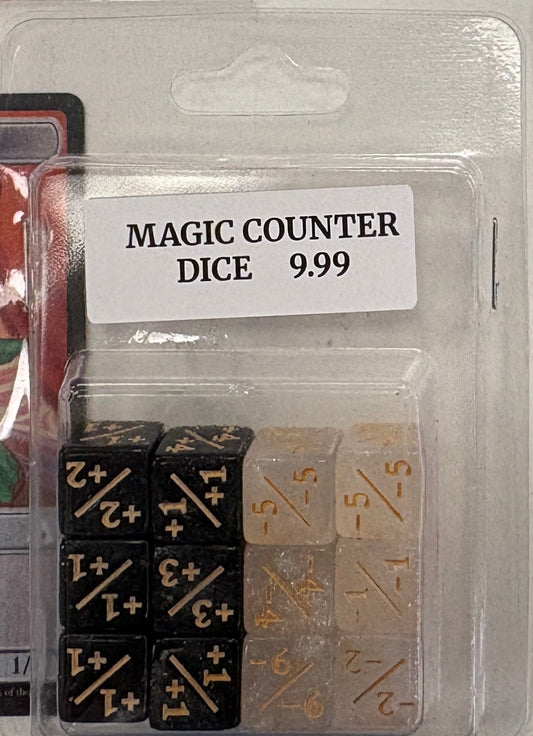 12-pack of 12mm MTG counter dice (+1/+1 and -1/-1) in black and white.