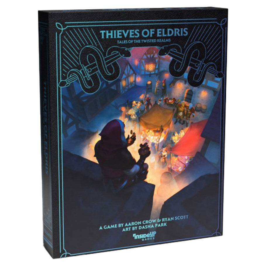 Twisted Realms: Thieves of Eldris box cover featuring a hooded figure and lantern-lit market scene.