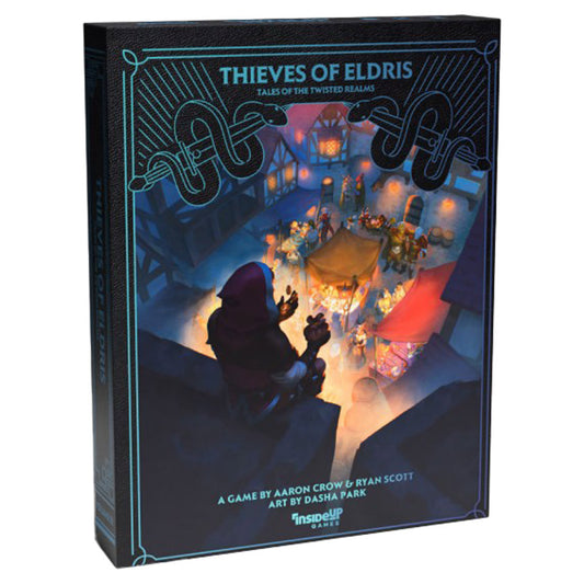 Twisted Realms: Thieves of Eldris box cover featuring a hooded figure and lantern-lit market scene.