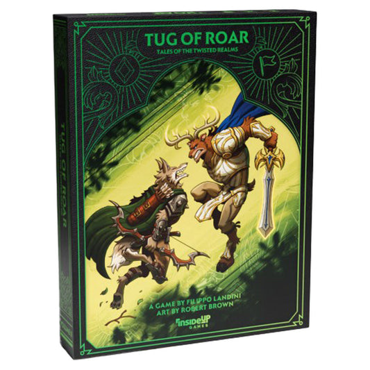 Twisted Realms: Tug of Roar game box featuring armored wolf and stag warriors.