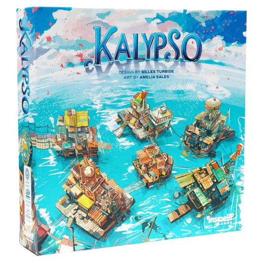 Kalypso board game box featuring wooden buildings on water and a colorful sky illustration.