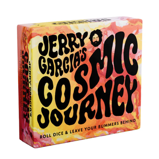 Jerry Garcia’s Cosmic Journey portable board game box with orange and yellow psychedelic design.
