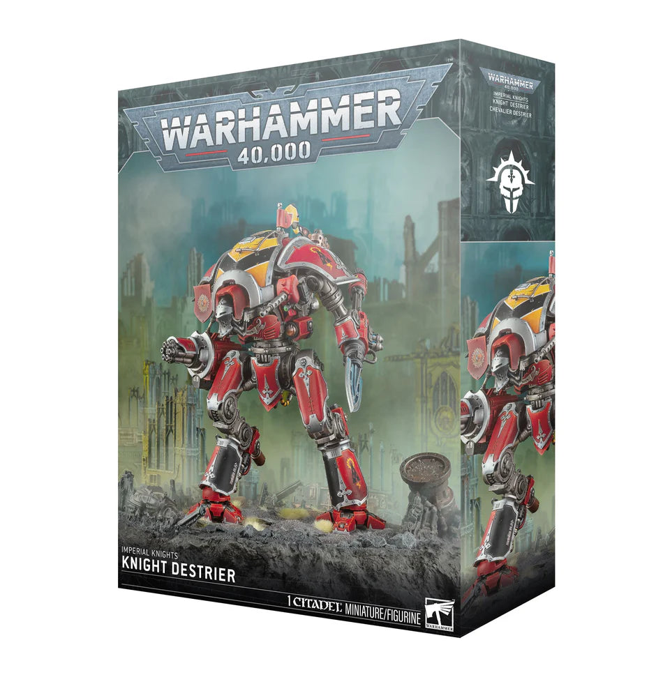 Warhammer 40,000 Imperial Knights: Knight Destrier box featuring a large red and silver mech.