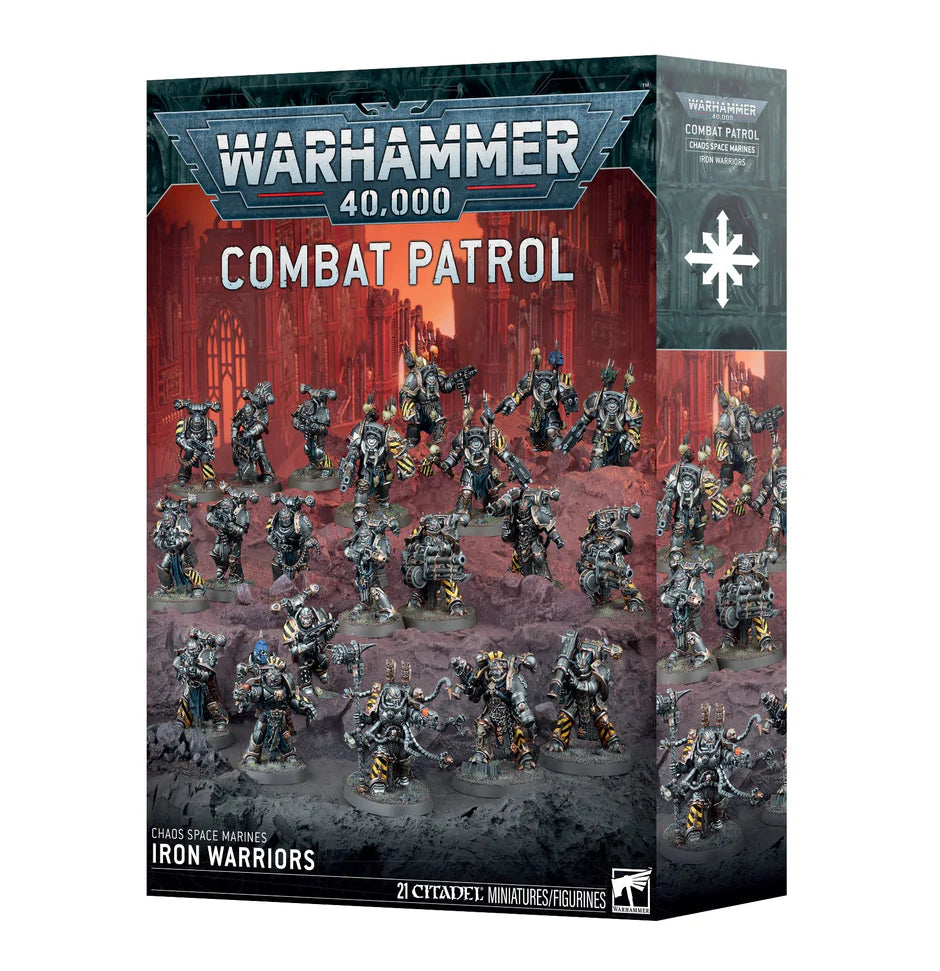 Warhammer 40,000 Chaos Space Marines Iron Warriors Combat Patrol box with assembled miniatures displayed on the packaging.