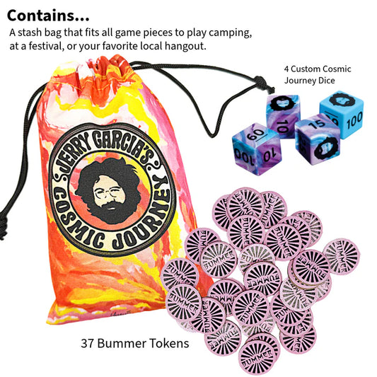 Jerry Garcia’s Cosmic Journey game with bag, 4 custom dice, and 37 purple “Bummer” tokens.