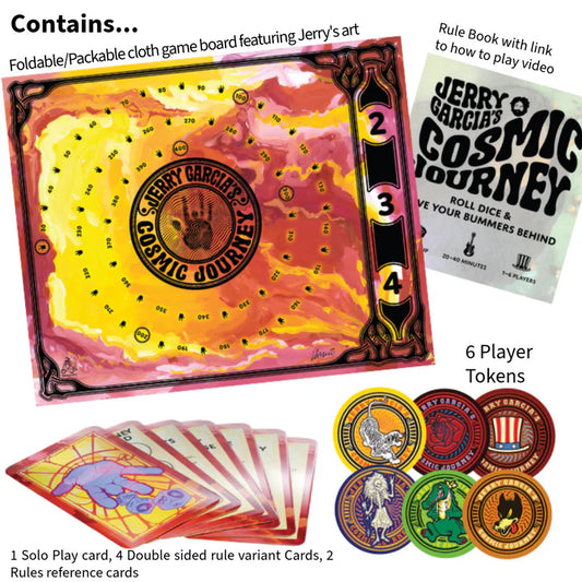 Jerry Garcia’s Cosmic Journey board game with colorful board, cards, tokens, rule book, and dice.