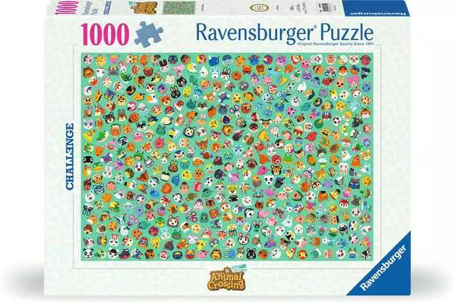 Animal Crossing 1000-piece puzzle with colorful character faces on a turquoise background.