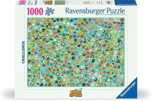 Animal Crossing 1000-piece puzzle with colorful character faces on a turquoise background.