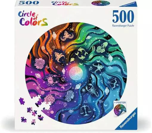 Circle of Colors Astrology 500-piece puzzle featuring zodiac signs around a glowing center.
