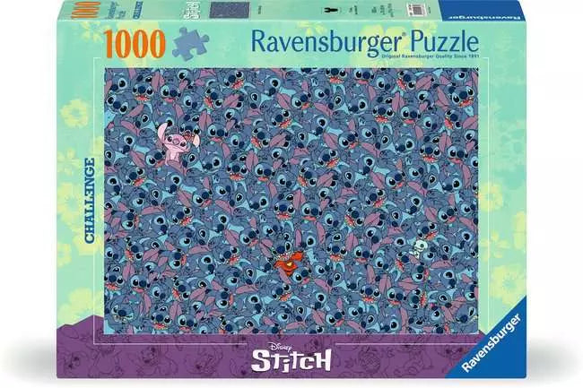 Disney Stitch Challenge 1000-piece puzzle featuring a blue Stitch face pattern from Lilo & Stitch.
