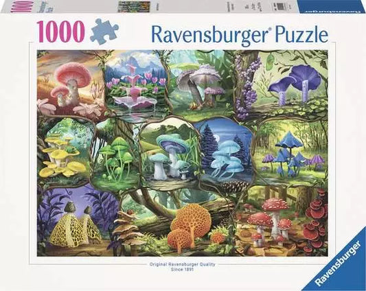 Beautiful Mushrooms 1000-piece puzzle by Ravensburger featuring a fantasy fungi collage.