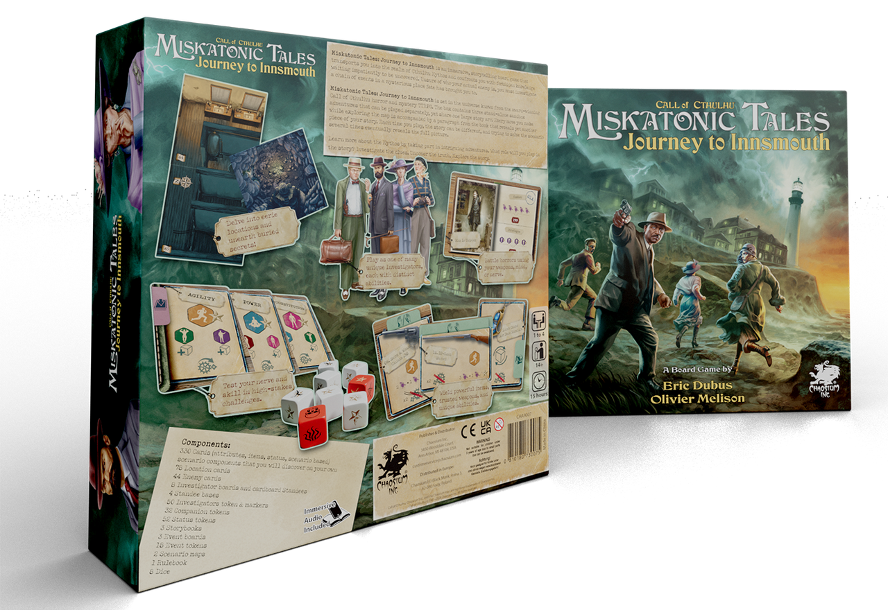 The Miskatonic Tales: Journey to Innsmouth box featuring investigators fleeing a lighthouse.