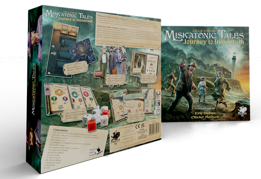 The Miskatonic Tales: Journey to Innsmouth box featuring investigators fleeing a lighthouse.