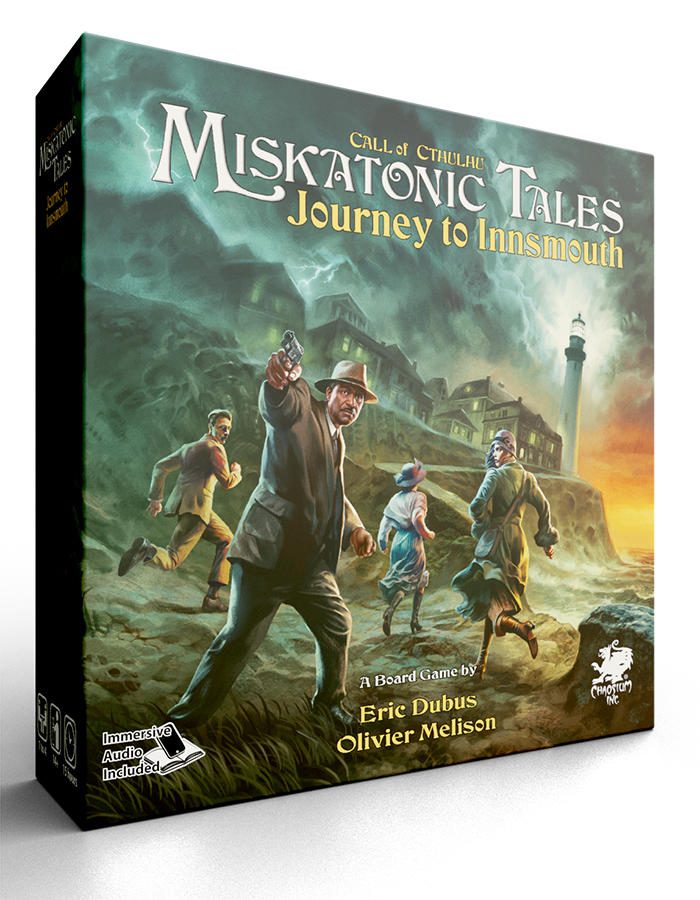 The Miskatonic Tales: Journey to Innsmouth game box featuring people fleeing a lighthouse on a cliff at night.