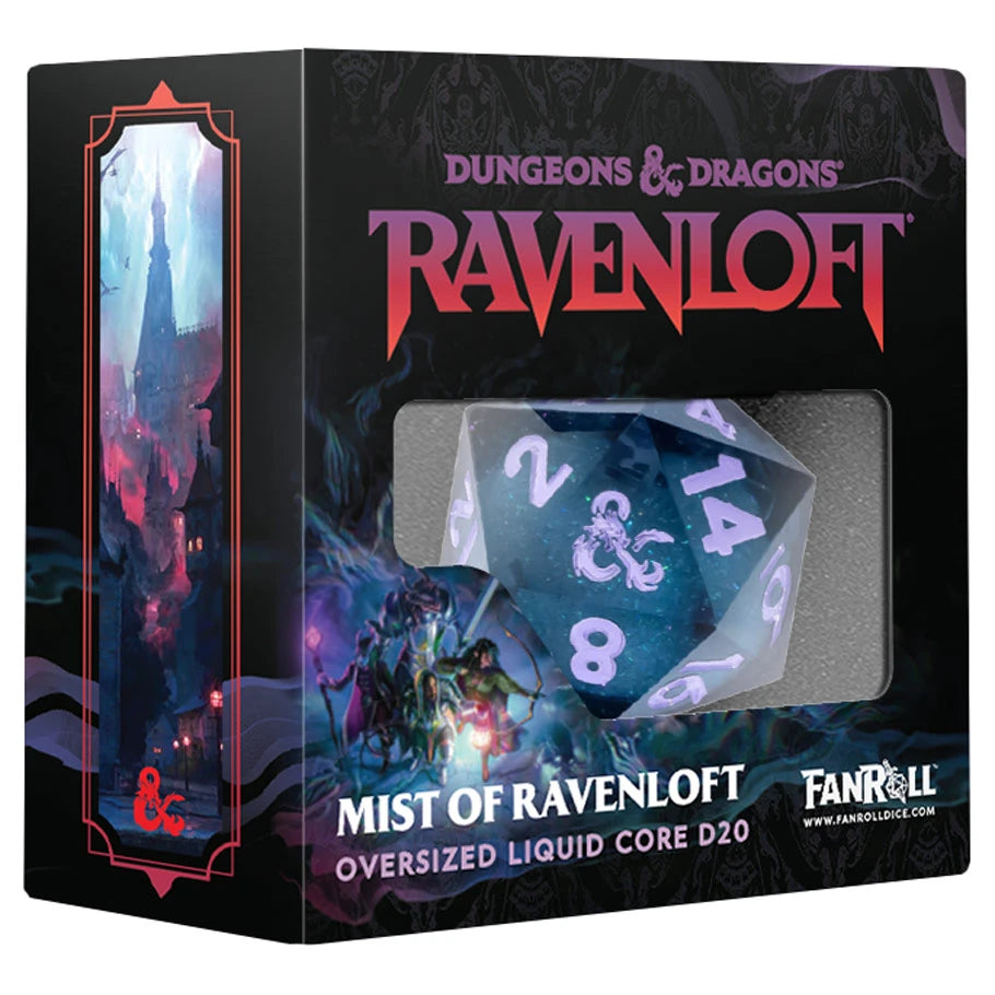 Oversized blue liquid core D20 die, Mists of Ravenloft edition.