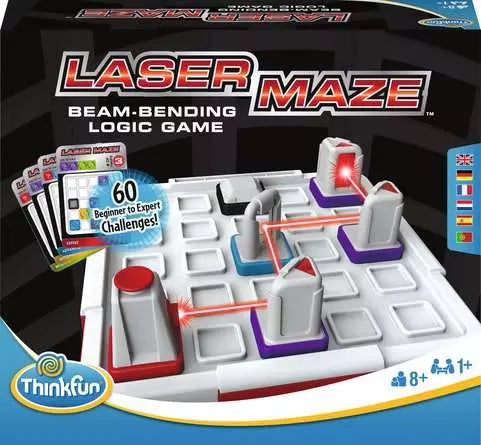 Laser Maze board game featuring a grid, mirrored pieces, red lasers, and puzzles for ages 8 and up.