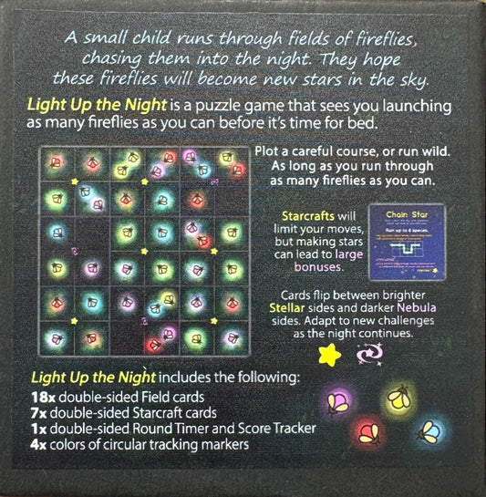 Light Up The Night board game components, including cards and pieces with firefly and star designs.