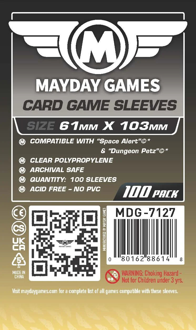 Mayday 61x103mm board game card sleeves, 100 pack; archival safe; fits Space Alert and similar cards.