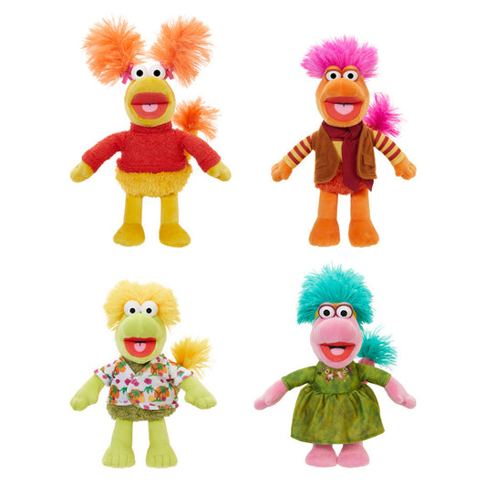 Six Fraggle Rock plush puppets with fuzzy hair on a PDQ display.