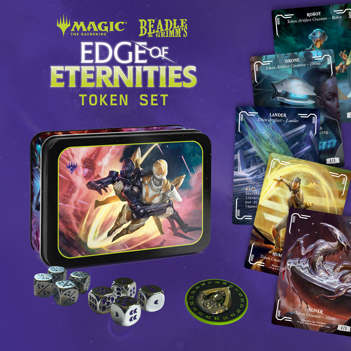 MTG Edge of Eternities Token Set tin with included cards, dice, and tokens.