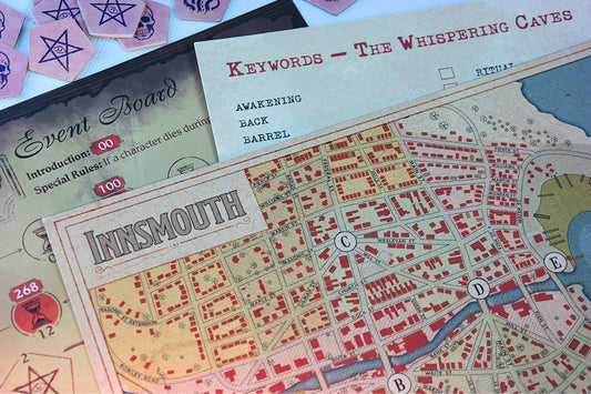 Miskatonic Tales: Journey to Innsmouth board game components arranged for The Whispering Caves scenario.