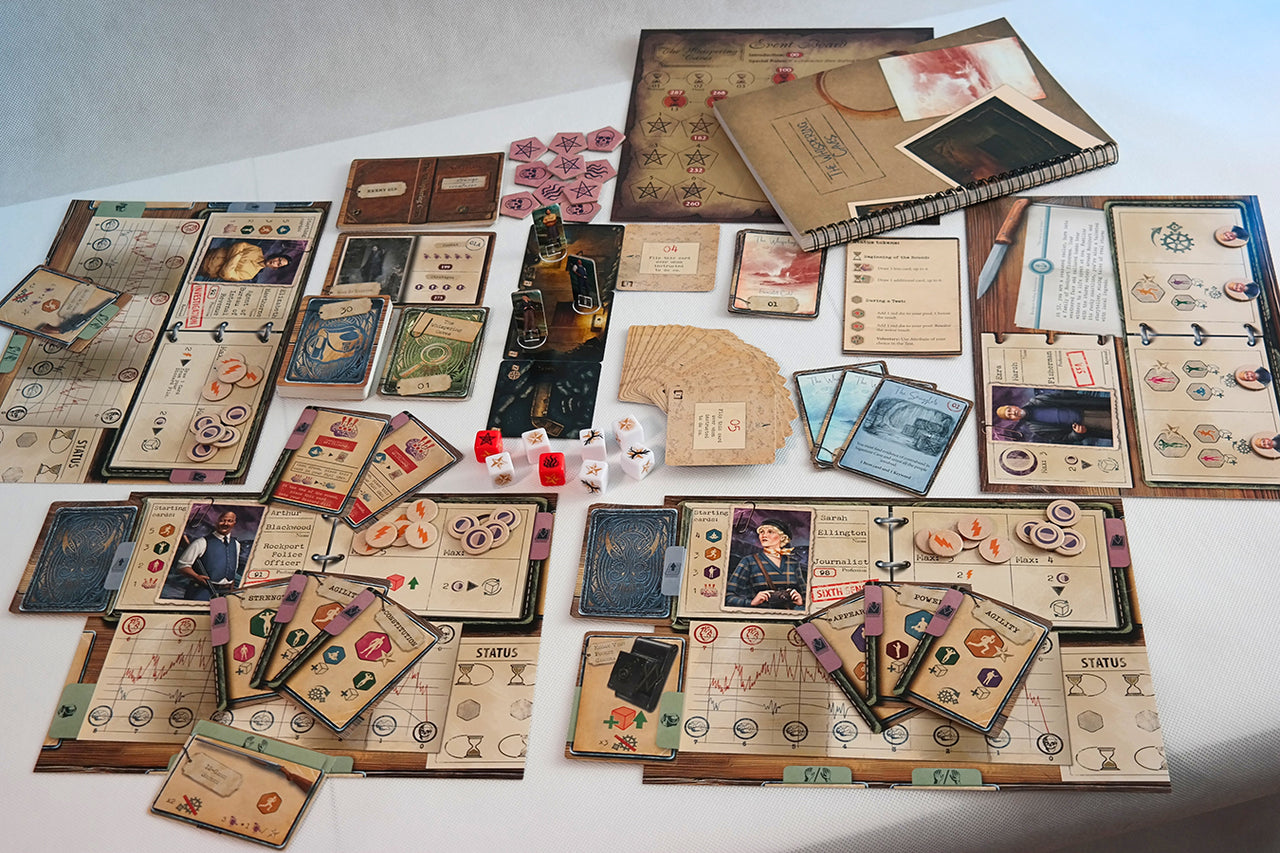 Miskatonic Tales: Journey to Innsmouth board game with cards, dice, tokens, and rulebook displayed on a table.
