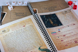 Miskatonic Tales: Journey to Innsmouth notebooks with fantasy pages, dice, and character sheets.
