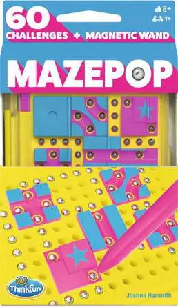 MazePop maze game with pink and blue tiles, magnetic wand, yellow base, and silver balls in box.