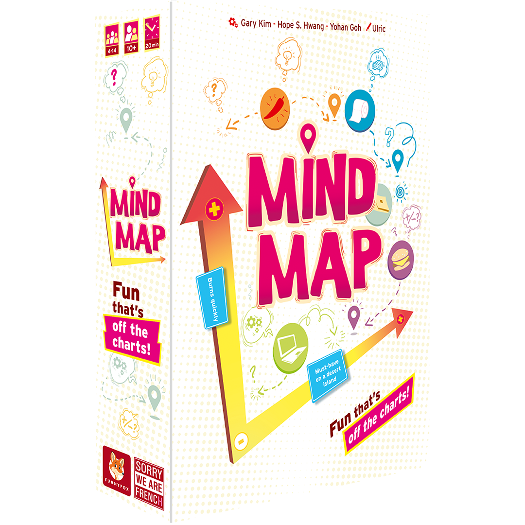 Mind Map strategy game box featuring colorful icons, arrows, speech bubbles, and the text Fun thats off the charts.
