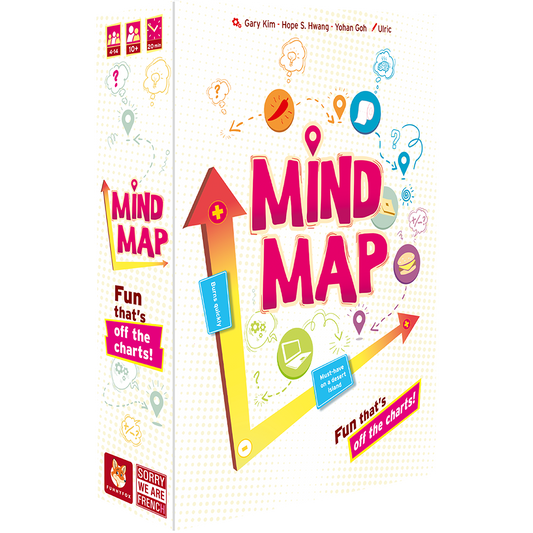 Mind Map strategy game box featuring colorful icons, arrows, speech bubbles, and the text Fun thats off the charts.