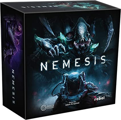 Nemesis board game box featuring an alien and a space-suited figure on a spaceship.