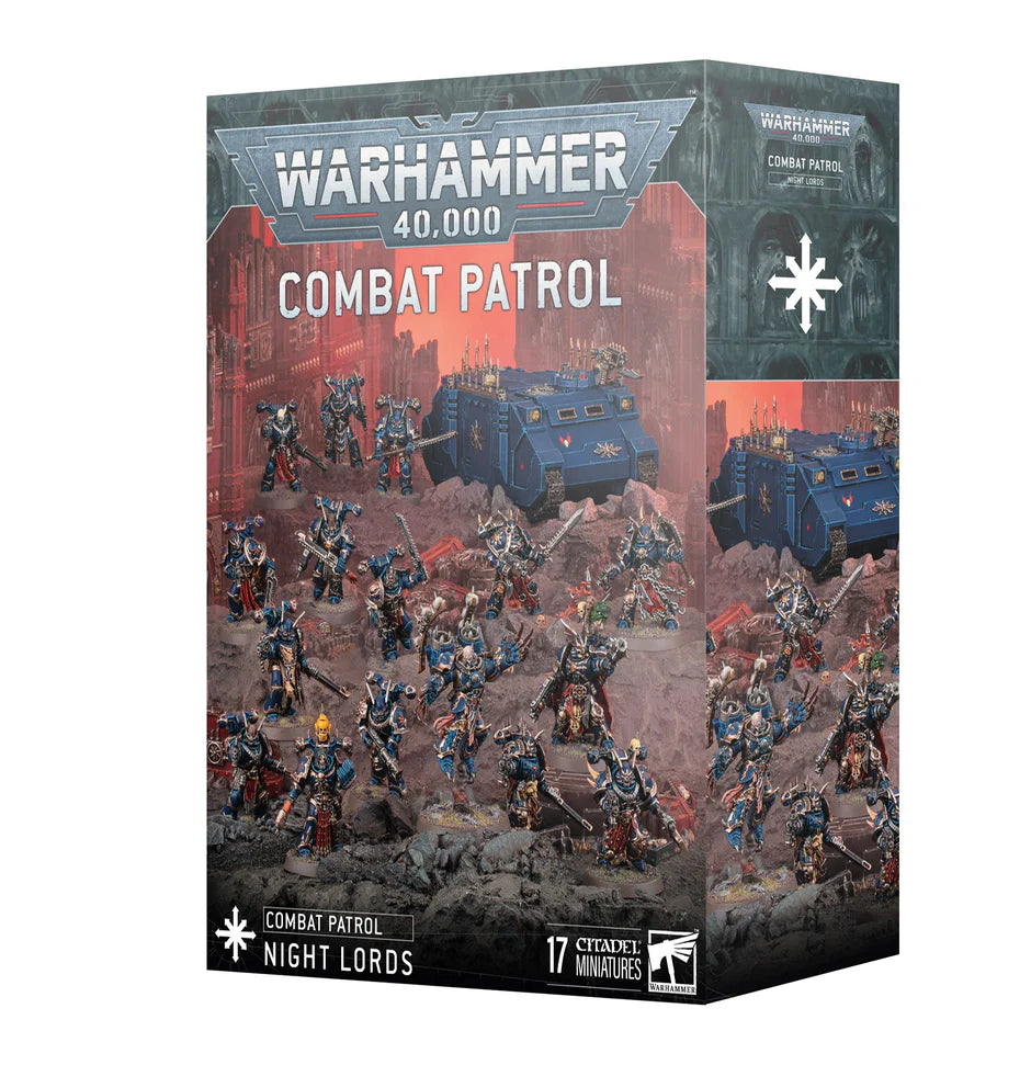 Warhammer 40,000 Chaos Space Marines Night Lords Combat Patrol with miniatures and a blue armored vehicle.
