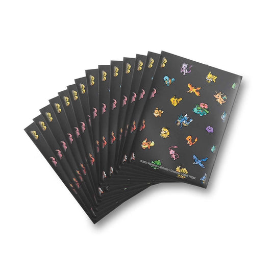 Sixty-five Pokémon TCG: Pokémon Pixels Card Sleeves arranged on a white background.