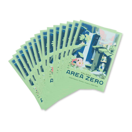 Pokémon TCG Paldea Explore Pokémon Premium Card Sleeves, set of 65, Area Zero design with trees and waterfalls.