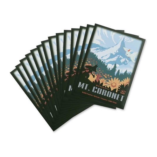 Pokémon TCG: Sinnoh Explore Premium Card Sleeves featuring stylized mountain, flowers, and bird Pokémon.