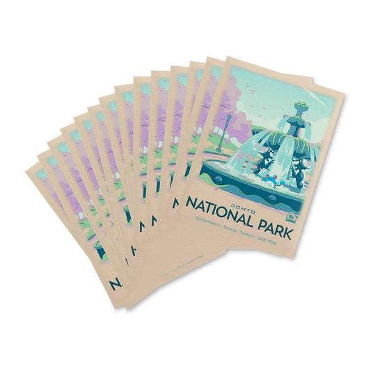 Pokémon TCG: Johto Explore Premium Card Sleeves, Johto edition with stylized fountain and park greenery design.