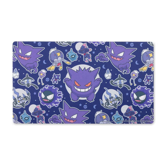 Pokémon TCG: Ghostly Gathering Playmat with Gengar, Haunter, and Gastly on a blue neoprene surface.