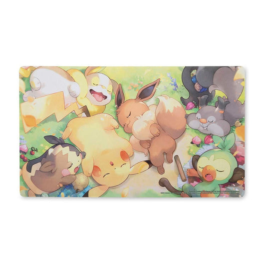 Pokémon TCG: Berry Sleepy Playmat featuring Pikachu, Eevee, and Grookey napping.