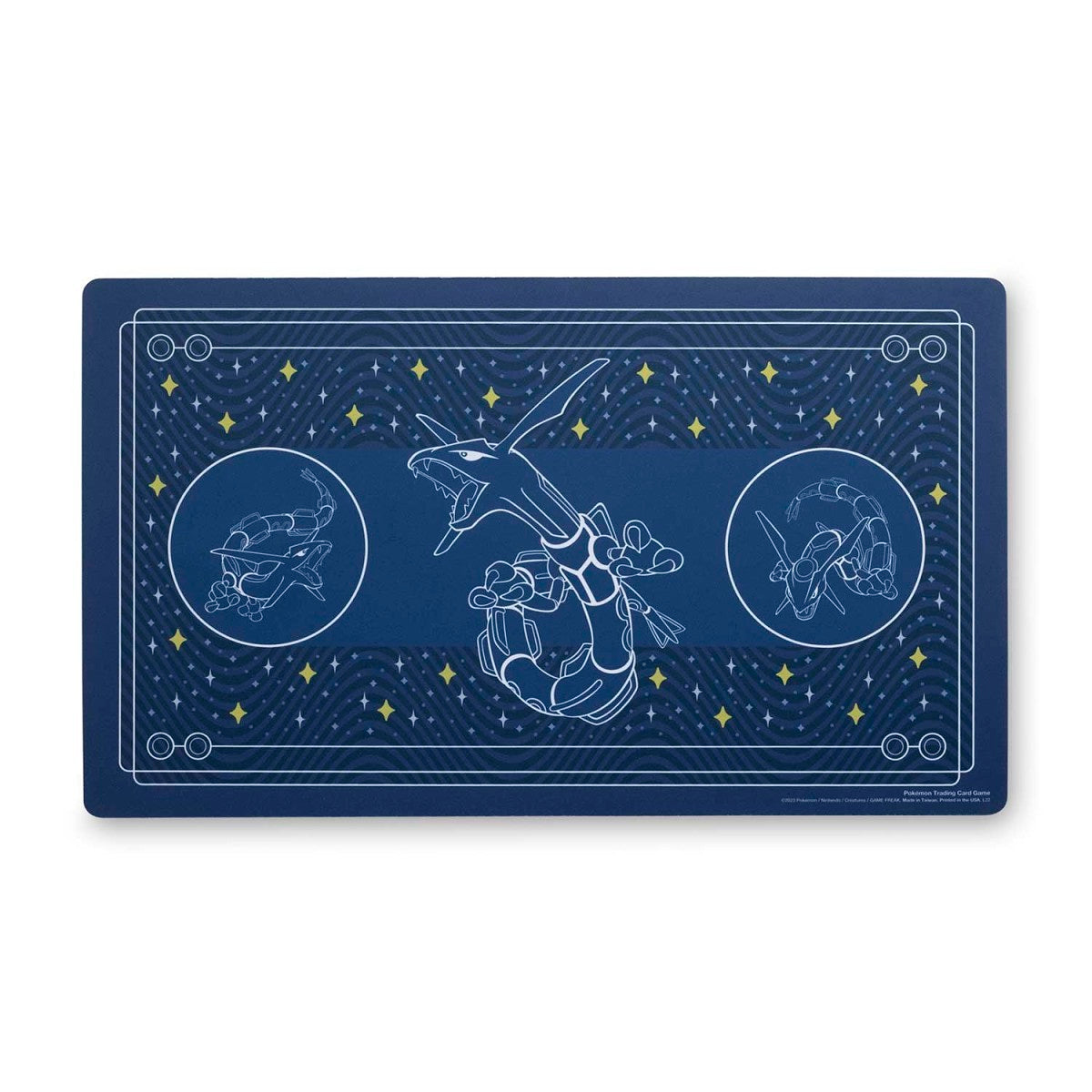 Pokémon TCG Rayquaza Among the Stars Playmat, navy blue with white Rayquaza, Latios, Latias, and yellow stars.