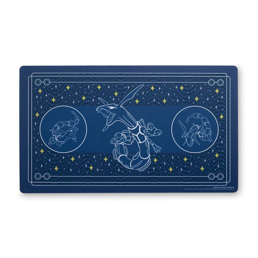 Pokémon TCG Rayquaza Among the Stars Playmat, navy blue with white Rayquaza, Latios, Latias, and yellow stars.