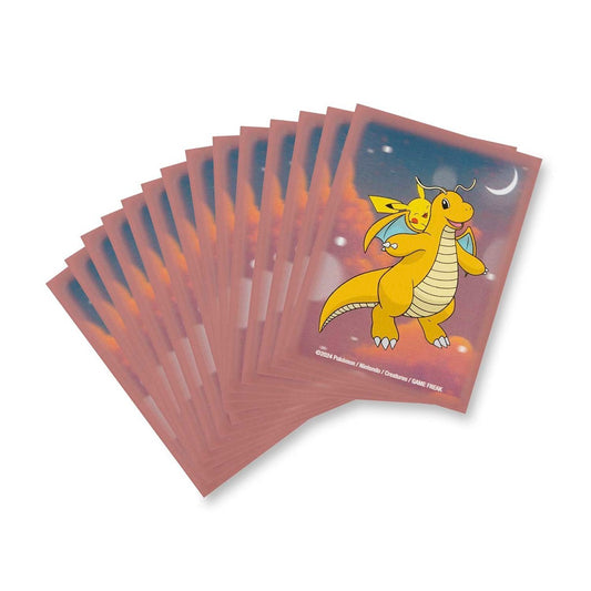 Pokémon TCG Dreamy Dragonite Card Sleeves pack of 65 featuring Dragonite hugging Pikachu under a starry night sky.