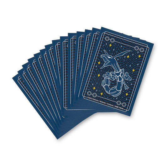 Blue Pokémon TCG Rayquaza Among the Stars card sleeves, white line art and star accents, 65 sleeves per pack.