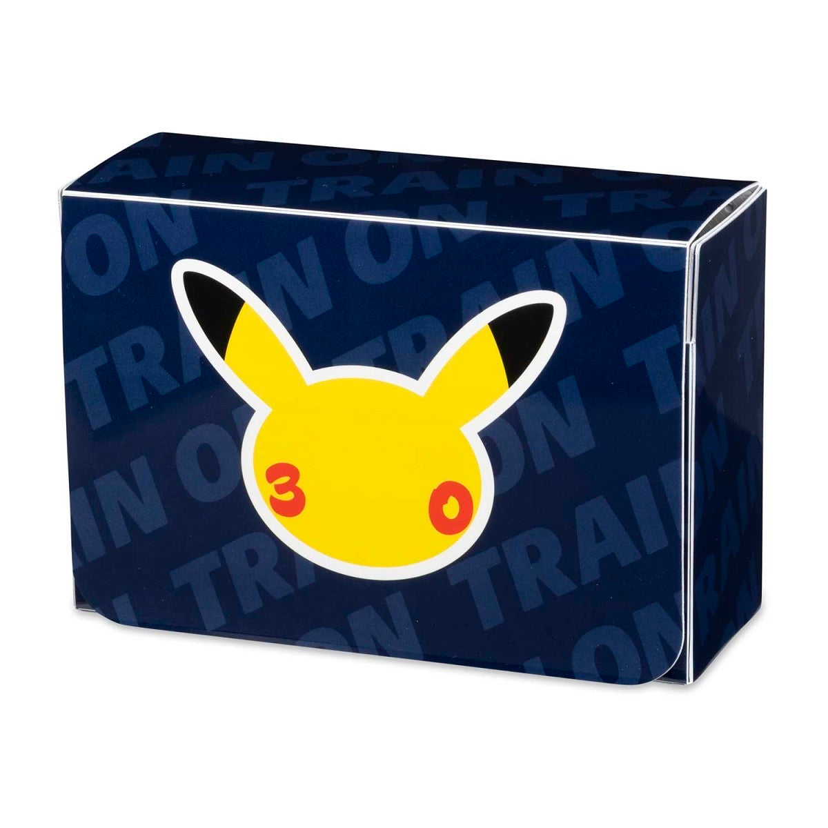Pokémon TCG 30th Celebration Double Deck Box, navy blue with Pikachu face, red cheeks, and TRAIN ON text.